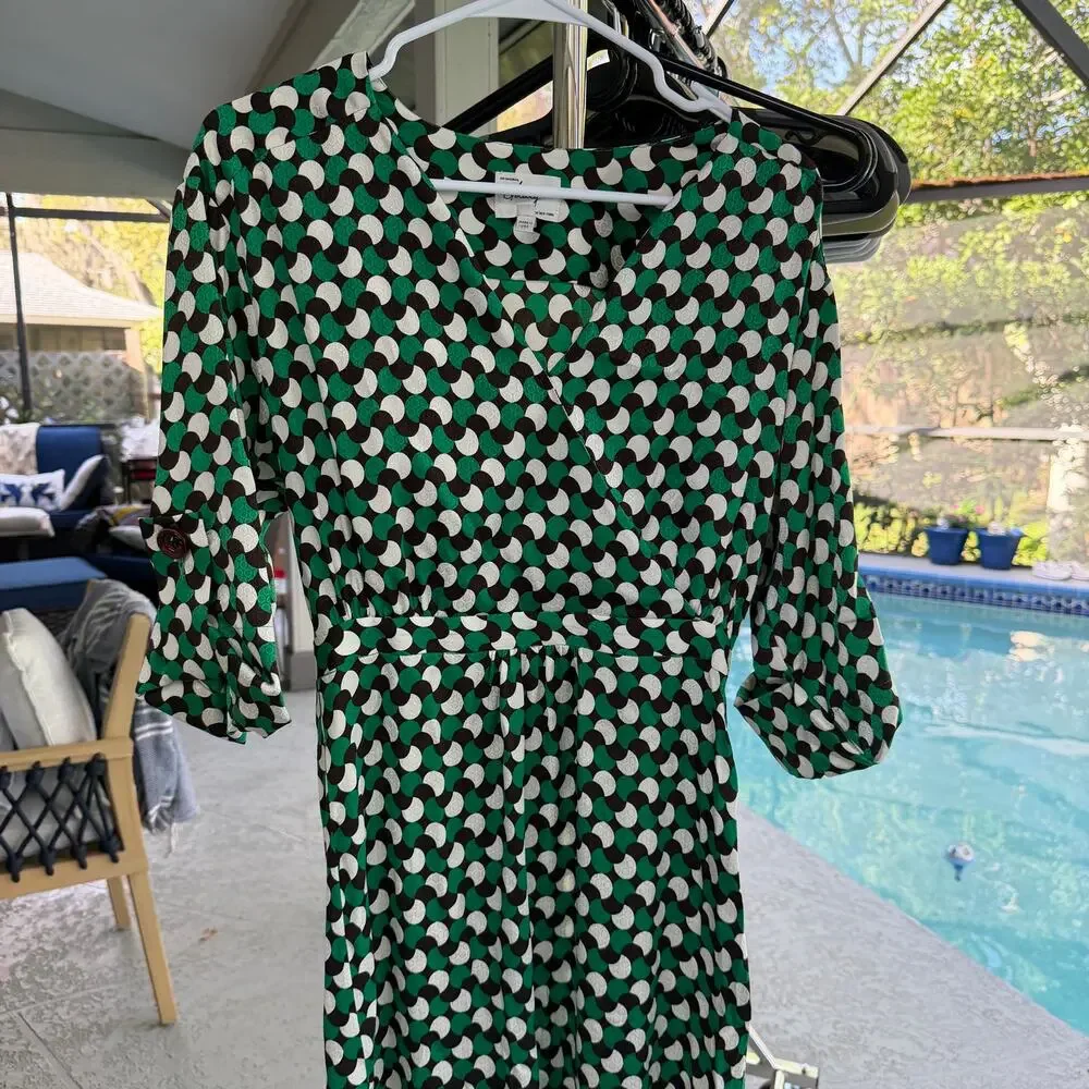 Milly of New York Silk Blend Wrap Dress Green White Polka‎ Dot Belted USA Made
